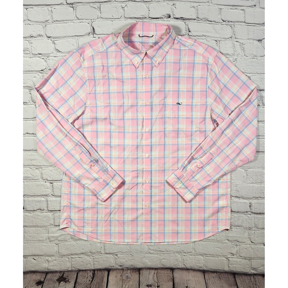 Vineyard Vines Mens XL Featherweight Performance Plaid Button Down Shirt Pink